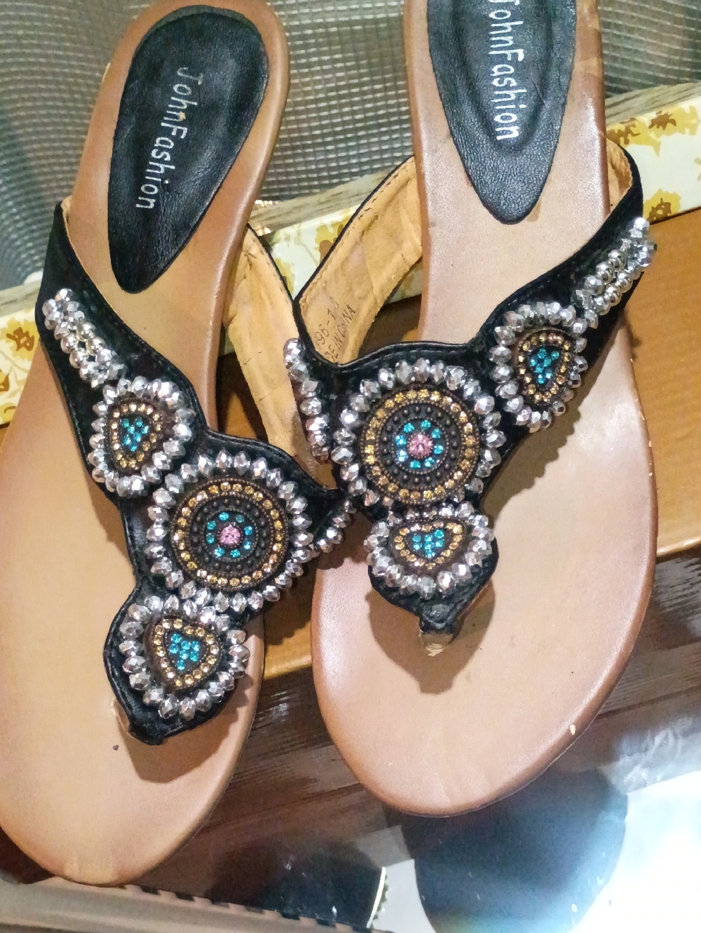 Women's Black Embellished Toe-Post Sandals